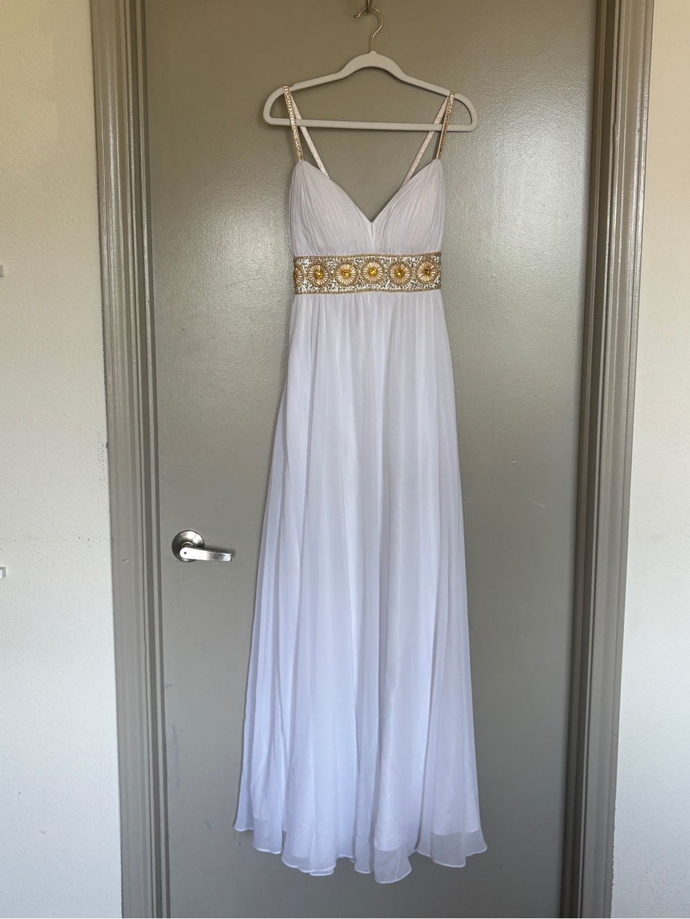Fiesta White Chiffon Maxi Dress with Gold Embellished detail - Grecian